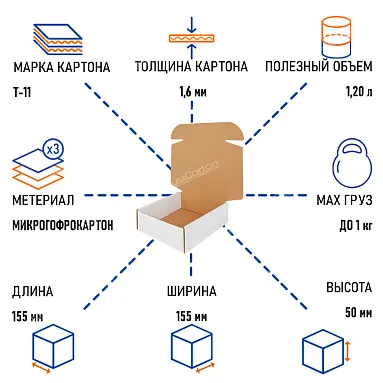 Картонный короб 155х155х50 мм, Т-11 белый/бурый