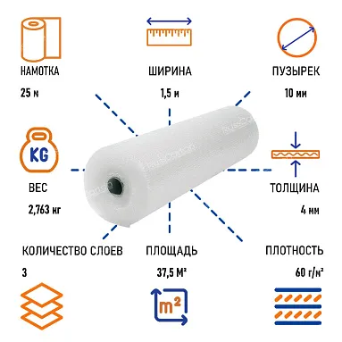 Пленка воздушно пузырчатая "Стандарт плюс" трехслойная, 1.5 х 25 м