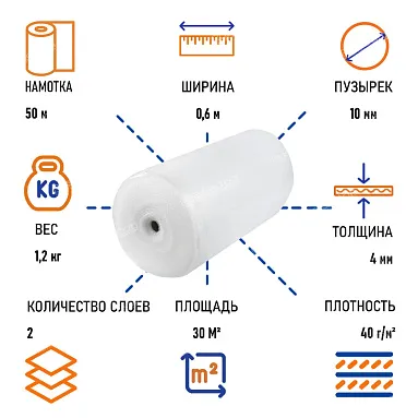 Пленка воздушно пузырчатая "Стандарт" двухслойная, 0.6 х 50 м