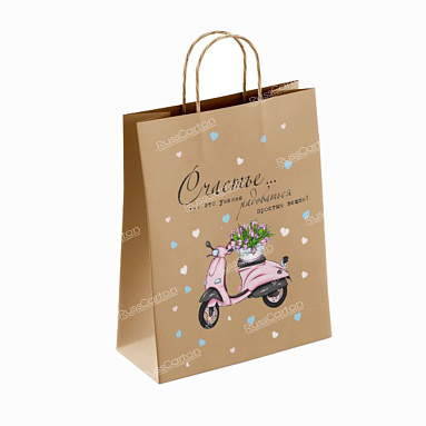 Крафт пакет с кручеными ручками «Счастье есть», 35х26х15 см