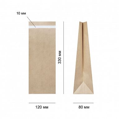 Крафт пакет заклеивающийся с прямоугольным дном, 33х12х8 см