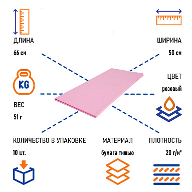 Бумага тишью розовая, 50х66 см, 10 листов