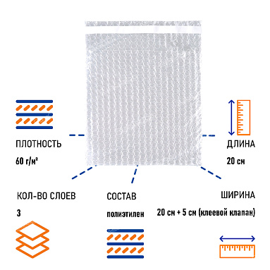 Пакет ВПП, 20х20+5 см с клеевым клапаном 